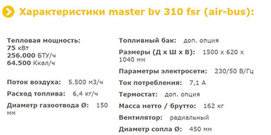 MASTER BV 310 FSR - технические характеристики
